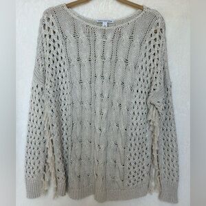 Cotton by Autumn Cashmere Multi Stitch Open Knit  Boxy Fringe Sweater Large NWOT